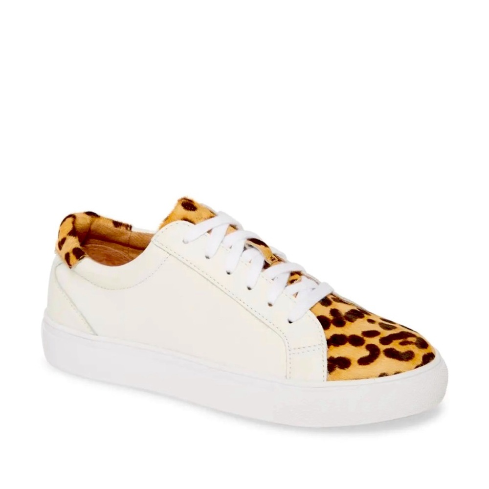 Halogen White Leather Sneakers With Leopard Pony Hair Toe Size 9